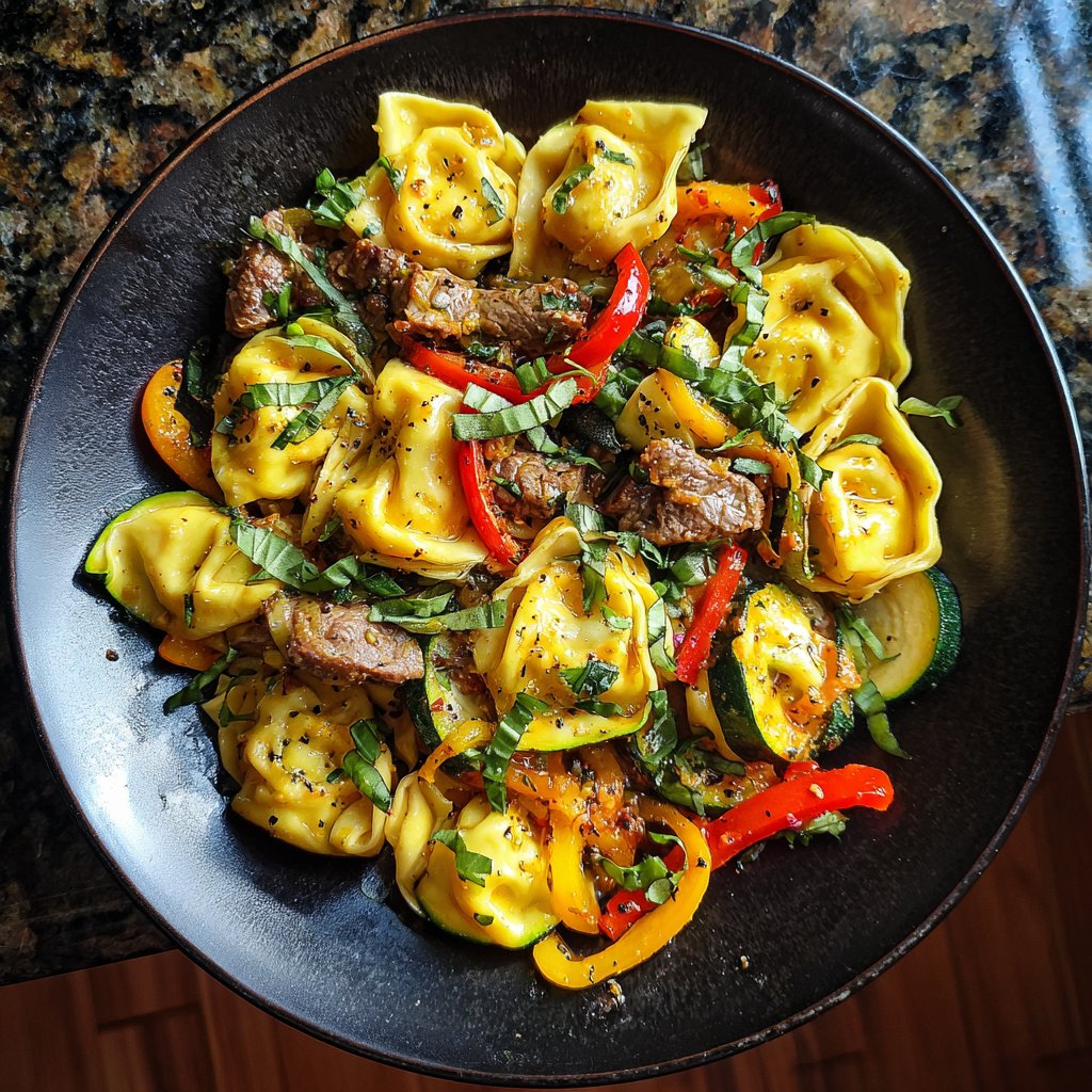 Garlic Steak Tortellini with Zucchini and Peppers
