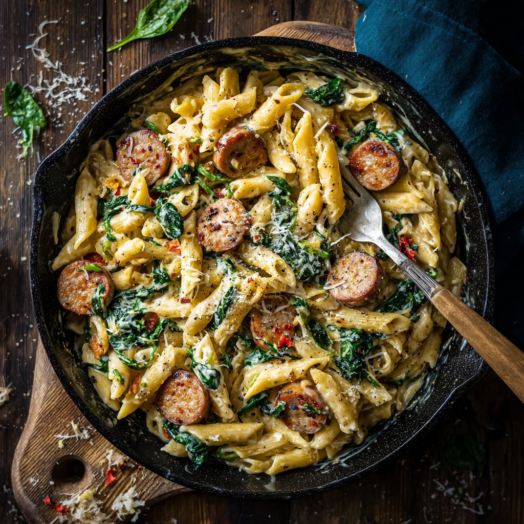 One Pot Creamy Cajun Sausage Pasta with Spinach